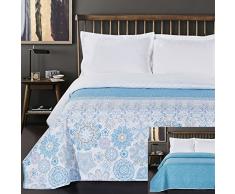 DecoKing Tagesdecke 220 x 240 cm türkis weiß grau Bettüberwurf mit abstraktem Muster zweiseitig pflegeleicht Alhambra hellblau himmelblau White Turquise Light Blue Grey