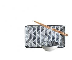 Mäser, Serie Rennes, Sushi-Set 18-teilig, rechteckig, Porzellan Geschirr-Set für 6 Personen, dekoriert in den Farben Blau und Weiß