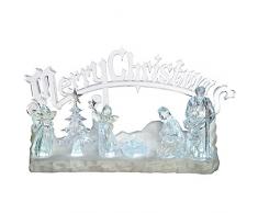 WeRChristmas LED-Dekoration Weihnachtskrippe aus Acryl, beleuchtet, mit Spieluhr und Schriftzug Merry Christmas, 38 cm