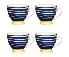 Kitchen Craft AMZKCMFTD20SET4 Große Porzellantassen mit Standfuß Undnavy Stripes Druck, 400 ml, Porzellan, blau/gelb, 10,5 x 13 x 9,5 cm, 4-Einheiten