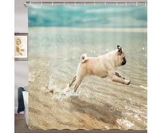 JAWO Duschvorhang, lustiger Mops-Hund spielt im Meer, für Badezimmer, Duschvorhang, 69 x 70 l, extralanger Vorhang für Badezimmer, inklusive 12 Haken
