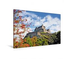 Calvendo Premium Textil-Leinwand 120 cm x 80 cm Quer, Ein Vogelbeerbaum mit Seinen Roten Früchten vor Dem sehenswerten Edinburgh Castle | Wandbild, Bild auf Vereinigtes Königreich Orte Orte