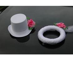Autoschmuck Schleier und Hut Braut Paar Rose Deko Dekoration Hochzeit Car Auto Wedding Deko PKW, Rosa/Weiß, 34 x 24 x 14 cm
