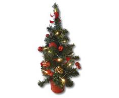 Künstlicher Tannenbaum Weihnachtsbaum 45cm mit LED Lichterkette Beleuchtung und Baumschmuck Weihnachtskugeln 20 Lichter Baum geschmückt mit Zapfen Kugeln Schleifen (Baumschmuck rot)
