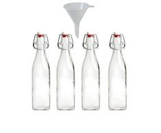 Viva-Haushaltswaren - 4 kleine Glasflaschen mit Bügelverschluss 250 ml (eckige Form) zum selbstbefüllen inkl. Trichter