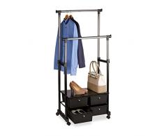Relaxdays Kleiderständer auf Rollen, stabil, 4 Schubladen, Ablage, 2 Kleiderstangen, höhenverstellbar, Metall, schwarz