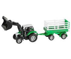 Idena 40291 - Traktor mit abnehmbarem Anhänger, Rückziehmotor und Frontlader mit Anhängerkupplung, MaÃstab 1:43, ca. 28 cm