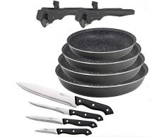 Bergner PK1526 Set mit 4 Küchenmessern + 4 Pfannen 20/24/26/28 mit 2 Click&Cook Griffen aus gepresstem Aluminium, induktionsgeeignet