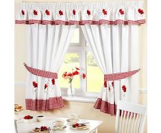 Homespace Direct Bestickte Blumen Gingham Kariert Mohn Bleistiftfalten Küche Querbehang Vorhang, rot, 136 x 25,4 cm Drop