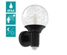 EGLO Außen-Wandlampe Sossano, 1 flammige Außenleuchte inkl. Bewegungsmelder, Sensor-Wandleuchte aus Kunststoff und Glas mit Lufteinschlüssen, Farbe: Schwarz, transparent, Fassung: E27, IP44