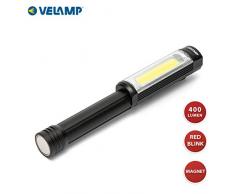 Velamp BIG DADDY 3W LED-Inspektionslampe mit Clip und Magnet, 400-Lumen-Cob-Taschenlampe für Autoreparatur, Garage, Notlagen Blinkendes rotes Licht, Aluminium, 3 W, Schwarz