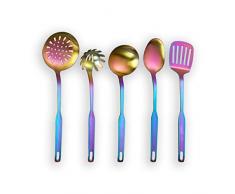 Berglander Edelstahl Küchengerät 5 Stück mit Titan Bunt, Schlitz Tuner, Schöpfkelle, Skimmer, Servierlöffel, Pasta Server. Regenbogen-Küche-Werkzeug-Satz (Matt Rainbow)