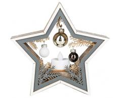 III Dekostern aus Holz mit LED Teelicht und kleinen Weihnachtskugeln, batteriebetrieben, für Weihnachten, im Winter, als Stimmungslicht, ca. 19 cm, Grau