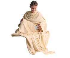 CelinaTex TV-Decke Kuscheldecke mit Ärmeln und Fußtasche 150 x 180 cm beige Coral Fleece Tagesdecke Ärmeldecke