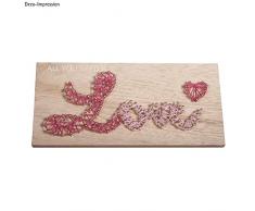 Rayher 70025000 Bastelset Nagelbild Motiv Love Holzplatte, natur, 21 x 10 x 0,9 cm, 2 Stränge Garn in rot und rosé, 80 Ziernägel, Fadenspannbild