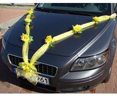 Autoschmuck Organza M Auto Schmuck Braut Paar Rose Deko Dekoration Hochzeit Car Auto Wedding Deko Girlande PKW (Gelb/Gelb)