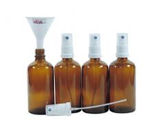 Viva Haushaltswaren - 4 x Apotheker-Sprühflasche 100 ml aus Braunglas, kleine Glasflaschen mit Zerstäubereffekt - Made in Germany & BPA frei (inkl. einem Trichter Ø 5 cm)