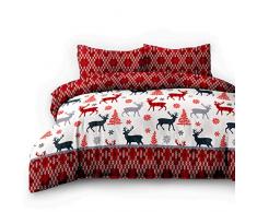 AmeliaHome 06983 2tlg Biber Bettwäsche 135x200 cm mit 1 Kopfkissenbezug 80x80 cm 100% Baumwolle Bettbezug Reißverschluss Snuggy Collection Winter Extravaganza Hirsch Tannenbaum weiß grau rot