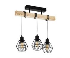 EGLO Deckenlampe Townshend 5, 3 flammige Vintage Deckenleuchte im Industrial Design, Retro Pendelleuchte aus Stahl und Holz, Farbe: Schwarz, braun, Fassung: E27