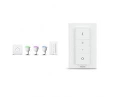 Philips Hue White und Color Ambiance GU10 LED Lampe Starter Set, drei Lampen 4. Generation, dimmbar & Hue Wireless Dimming Schalter, komfortabel dimmen ohne Installation