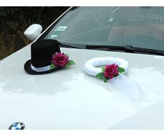 Autoschmuck Schleier UND Hut Braut Paar Rose Dekoration Hochzeit Car Auto Wedding PKW (Violett) 31x27x15 Schleier 25