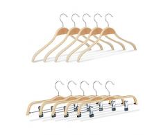 Relaxdays Kleiderbügel 10er Set, 5 Hosenbügel mit Clips, 5 Hemdenbügel, 360° drehbare Metallhaken, Bügelset, Holz, Natur, Brettschichtholz, Metall, Kunststoff, Silber