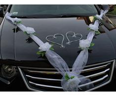 Autoschmuck Organza M + Herzen Auto Schmuck Braut Paar Rose Deko Dekoration Hochzeit Car Auto Wedding Deko Ratan (Reinweiß/Weiß/Weiß)