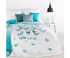 Design91 Tagesdecke Indianer-Traumfänger Muster Steppdecke Bettüberwurf Flies Schmetterlinge Größe: 200 cm x 220 cm und 170 x 210 cm Modernes Schlafzimmer Design weiß blau Farben (200 x 220 m)