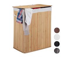 Relaxdays Wäschekorb Bambus mit Deckel, rechteckiger Wäschesammler, 2 Fächer, 95 l Volumen, faltbare Wäschebox, natur
