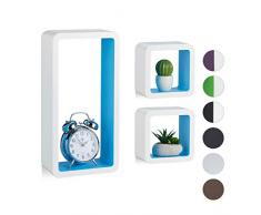 Relaxdays Cube Regal, 3er Set, Schwebend, Quadratisch, Modernes Design, Hoch- & Querformat, Kinderzimmer, MDF, Weiß/Blau