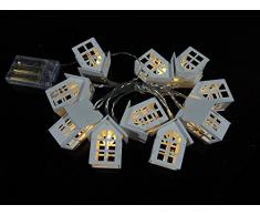 Lichterkette Länge cm. 135, batteriebetrieben mit 10 Häuschen aus Holz weiß Höhe cm. 6,5 und LED Licht Feste Warm, innen