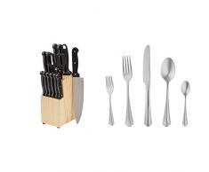 AmazonBasics Messerblock, 14-teiliges Set & Essbesteck-Set mit Gewellter Rand, Edelstahl, 20-teiliges Set, für 4 Personen
