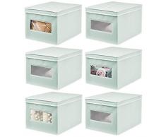 mDesign 6er-Set Stoffbox – praktische Aufbewahrungsbox mit Deckel für Schlaf-, Wohn- oder Badezimmer – stapelbare Schrankbox aus atmungsaktiver Kunstfaser – mintgrün/weiß