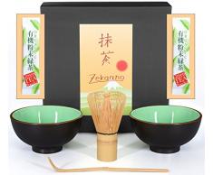 Matcha-Set 4-teilig, moosgrün, bestehend aus 2 Matcha-Schalen, Matcha-Löffel und Matcha-Besen (Bambus) in Geschenkbox. Original Aricola®