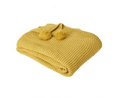 Dreamscene Überwurf, groß, gestrickt, warm, Bommel, 150 x 180 cm, Senfgelb