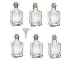Viva Haushaltswaren - 6 x eckige Glasflasche 200 ml mit Korkverschluss, dekorative Glasgefäße als Likörflasche, Schnapsflasche, Ölflasche & Gastgeschenk verwendbar (inkl. Trichter Ø 7 cm)