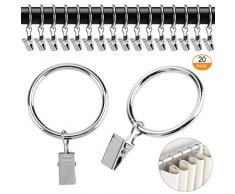 Pinowu Vorhangringe mit Clips (20 Stück), Dusche Vorhangclip mit Haken (30mm) zum Halten Schwer Gardinenstange Set und Vorhänge
