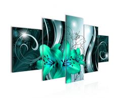 Bilder Blumen Lilien Wandbild 200 x 100 cm Vlies - Leinwand Bild XXL Format Wandbilder Wohnzimmer Wohnung Deko Kunstdrucke Türkis 5 Teilig - MADE IN GERMANY - Fertig zum Aufhängen 208451b