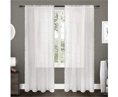 Exklusive Home Vorhang mit Pompon-Rand, strukturierter Vorhang, eingefasst, zum Aufhängen mit Stange, Fenstervorhang, Paar, Polyester, weiß, 108 Length