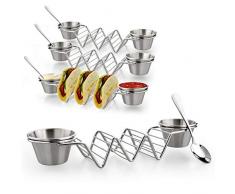U-picks Taco Halter Edelstahl Taco Ständer mit 8 Saucenbecher & 4 löffel für Halten Tacos, Sandwiches, Brot, Hot Dogs und Pfannkuchen, Ideal für Kinder und Partys, 4 Stück
