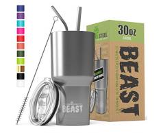 BEAST Edelstahl Becher Vakuumisolierte Tasse Kaffeebecher Doppelwandige Reiseflasche Thermobecher mit Spritzfestem Deckel, Paket mit 2 Strohhalmen, Rohrbürste & Geschenkbox von Greens Steel (30oz, Stahl)