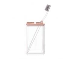 iDesign Zahnbürstenhalter, Zahnbürstenständer mit Platz für bis zu 3 Zahnbürsten, Halter für Zahnpflege Produkte und Zahnpasta aus Kunststoff, durchsichtig/rotgoldfarben