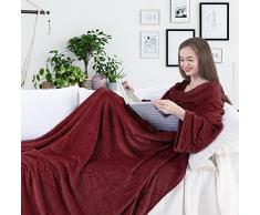 DecoKing 97274 TV-Decke 150x180 cm Bordeaux Microfaser Kuscheldecke mit Ärmeln und Taschen Mikrofaserdecke Fleecedecke weich sanft Füßtasche Tagesdecke Maroon Lazy