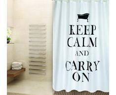 MSV Cotexsa by Premium Anti-Schimmel Textil Duschvorhang - Anti-Bakteriell, waschbar, 100% wasserdicht, mit 12 Duschvorhangringen - Polyester, „Keep Calm and Carry on“ weiß 180x200cm – Made in Spain
