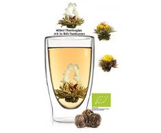 Feelino 1x 400ml XL doppelwandiges Thermoglas + 3X Bio-Teeblumen aus weißem Tee mit natürlichen Blüten/doppelwandiges Thermo Glas mit Schwebe-Effekt