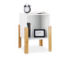 Relaxdays Nachttisch weiß, offenes Ablagefach, Nachtschrank, natürliche Bambusbeine, Nachtkästchen, 60x43x43 cm, white