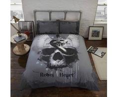 Rebel Heart Bettwäsche Bettbezug und Kissenbezüge Set Gothic Totenkopf, Grau, Single