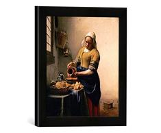 Gerahmtes Bild von Jan Vermeer van Delft Dienstmagd mit Milchkrug, Kunstdruck im hochwertigen handgefertigten Bilder-Rahmen, 30x30 cm, Schwarz matt