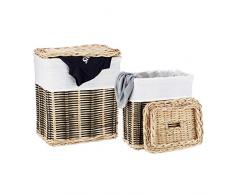 Relaxdays Wäschekorb Rattan, rechteckig, 2er Set, schicke Flechtoptik, abnehmbarer Deckel, Stoffeinsatz, natur/schwarz