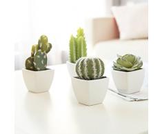 MyGift 4 Stück Künstliche Mini Sukkulente & Kaktus Pflanzen in weiß würfelförmigen Töpfe